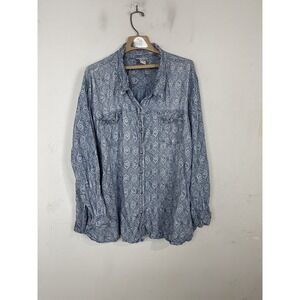 Catherines Womens Shirt 5X Blue White Beachy Coastal Roll Tab Button Up